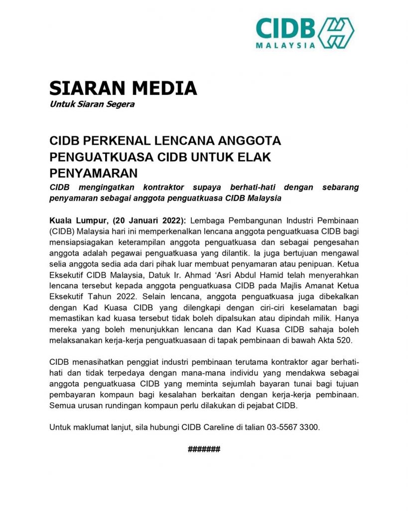CIDB PERKENAL LENCANA ANGGOTA PENGUATKUASA CIDB UNTUK ELAK PENYAMARAN